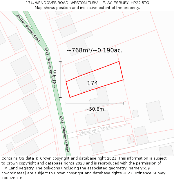 174, WENDOVER ROAD, WESTON TURVILLE, AYLESBURY, HP22 5TG: Plot and title map