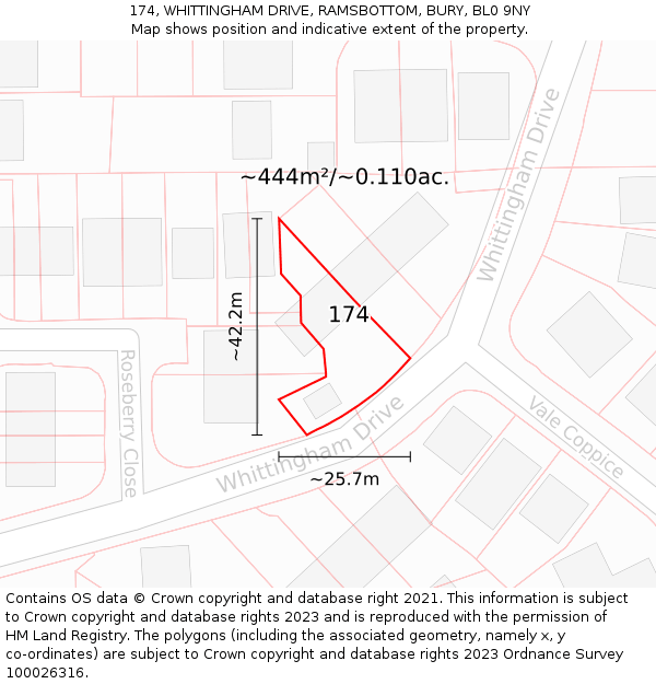 174, WHITTINGHAM DRIVE, RAMSBOTTOM, BURY, BL0 9NY: Plot and title map