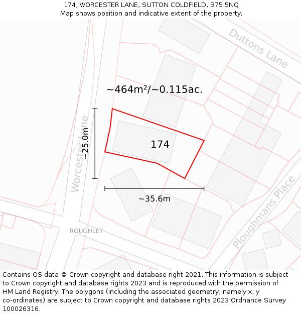 174, WORCESTER LANE, SUTTON COLDFIELD, B75 5NQ: Plot and title map