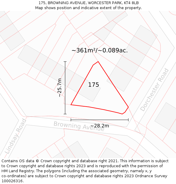 175, BROWNING AVENUE, WORCESTER PARK, KT4 8LB: Plot and title map