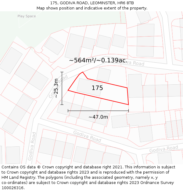 175, GODIVA ROAD, LEOMINSTER, HR6 8TB: Plot and title map