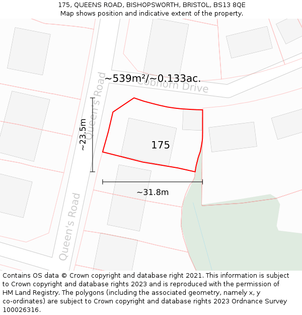 175, QUEENS ROAD, BISHOPSWORTH, BRISTOL, BS13 8QE: Plot and title map
