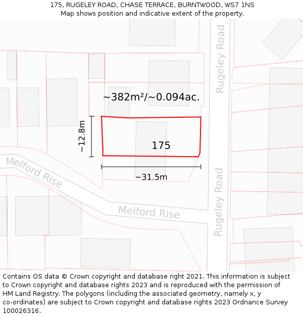 175, RUGELEY ROAD, CHASE TERRACE, BURNTWOOD, WS7 1NS: Plot and title map