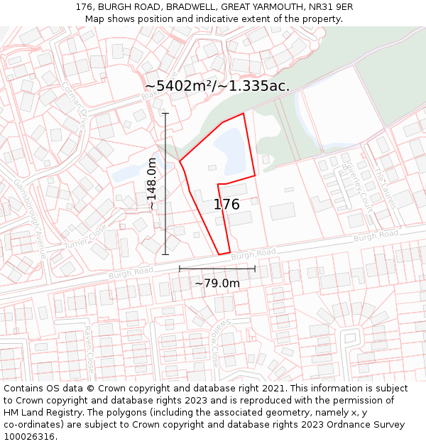176, BURGH ROAD, BRADWELL, GREAT YARMOUTH, NR31 9ER: Plot and title map