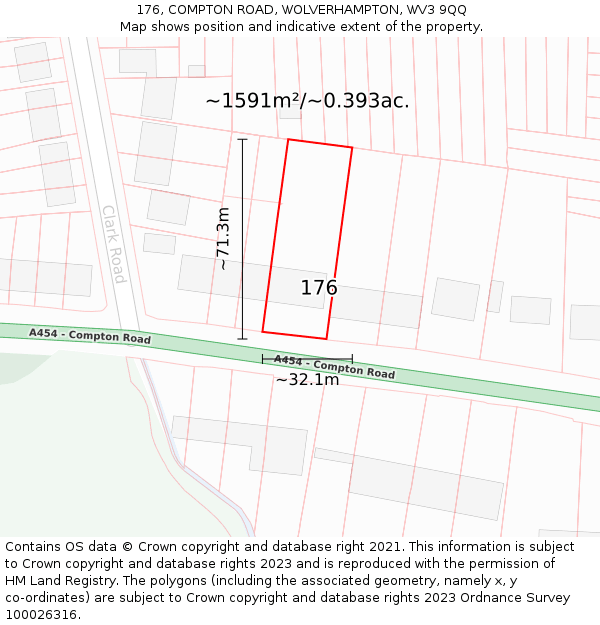 176, COMPTON ROAD, WOLVERHAMPTON, WV3 9QQ: Plot and title map