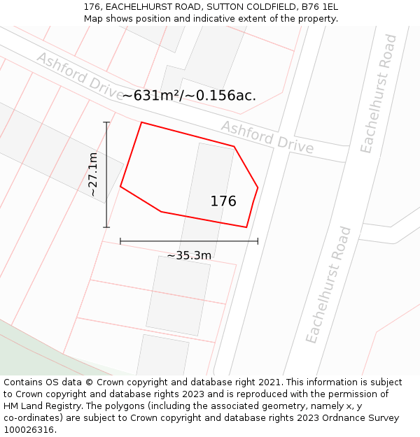 176, EACHELHURST ROAD, SUTTON COLDFIELD, B76 1EL: Plot and title map