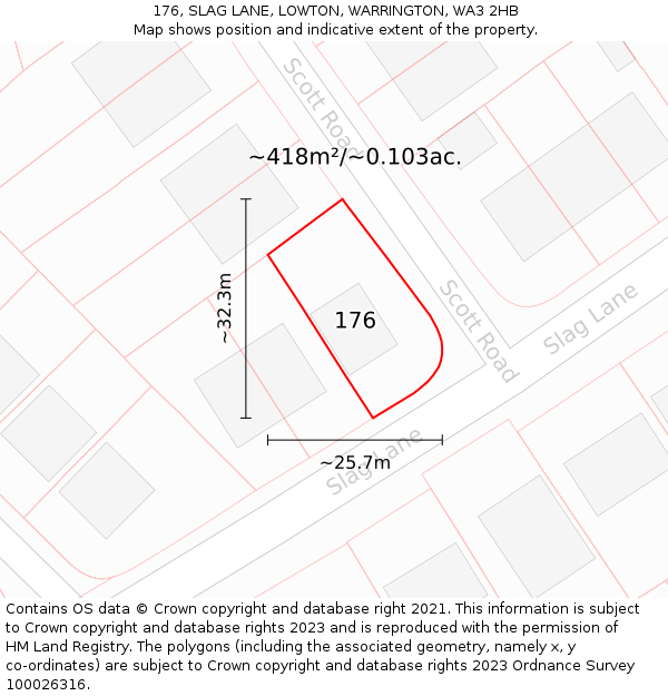 176, SLAG LANE, LOWTON, WARRINGTON, WA3 2HB: Plot and title map