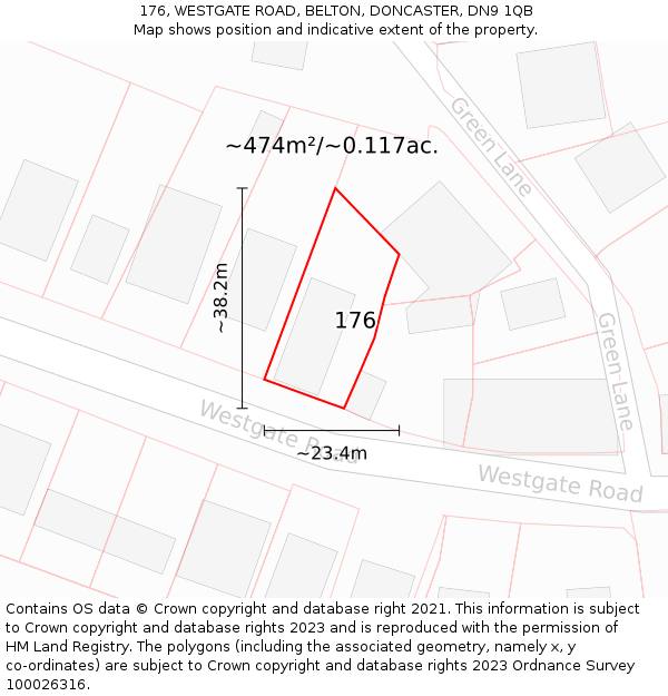176, WESTGATE ROAD, BELTON, DONCASTER, DN9 1QB: Plot and title map