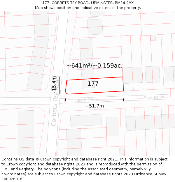 177, CORBETS TEY ROAD, UPMINSTER, RM14 2AX: Plot and title map