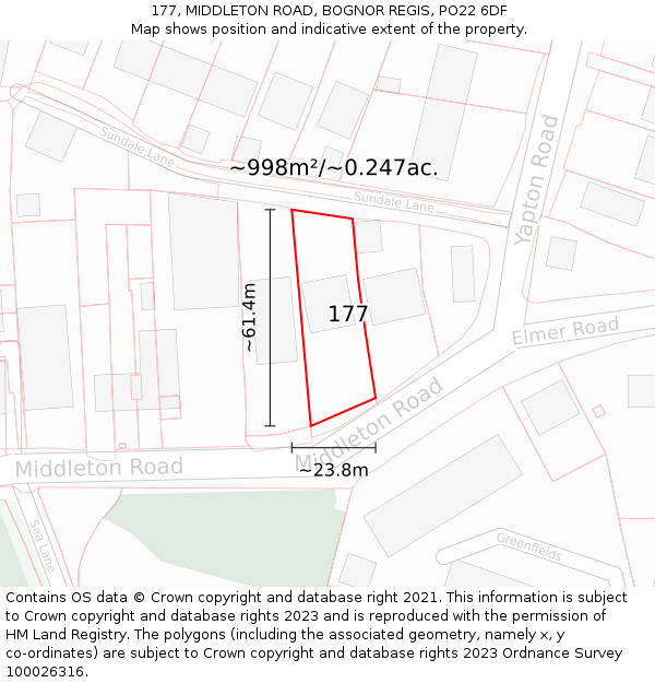 177, MIDDLETON ROAD, BOGNOR REGIS, PO22 6DF: Plot and title map