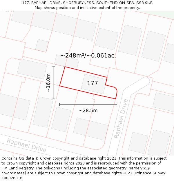 177, RAPHAEL DRIVE, SHOEBURYNESS, SOUTHEND-ON-SEA, SS3 9UR: Plot and title map