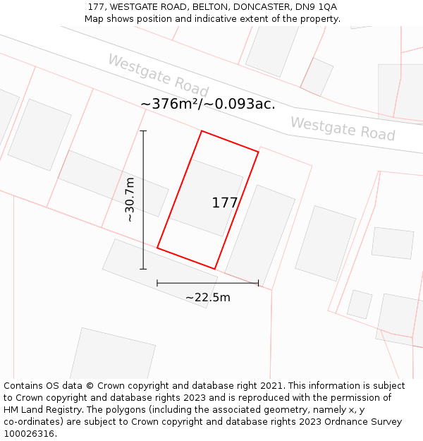 177, WESTGATE ROAD, BELTON, DONCASTER, DN9 1QA: Plot and title map
