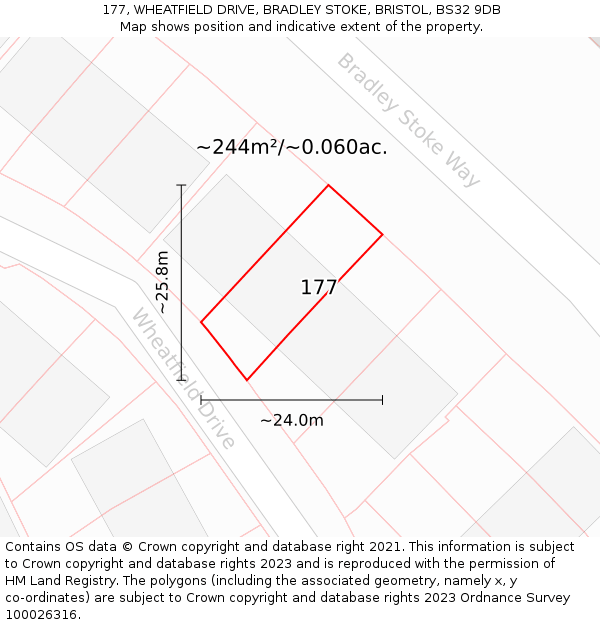 177, WHEATFIELD DRIVE, BRADLEY STOKE, BRISTOL, BS32 9DB: Plot and title map