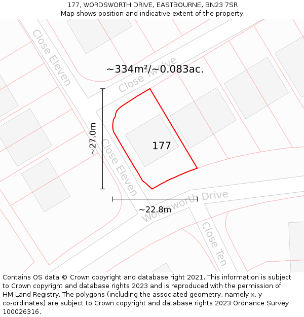 177, WORDSWORTH DRIVE, EASTBOURNE, BN23 7SR: Plot and title map