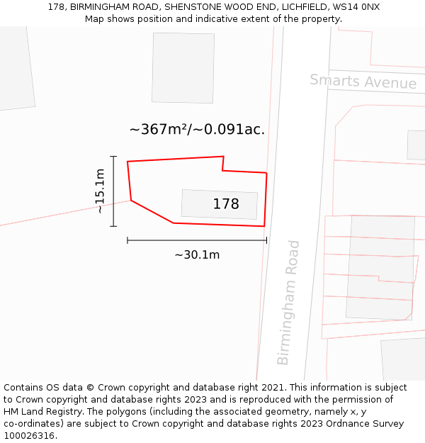 178, BIRMINGHAM ROAD, SHENSTONE WOOD END, LICHFIELD, WS14 0NX: Plot and title map