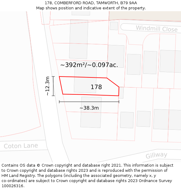 178, COMBERFORD ROAD, TAMWORTH, B79 9AA: Plot and title map
