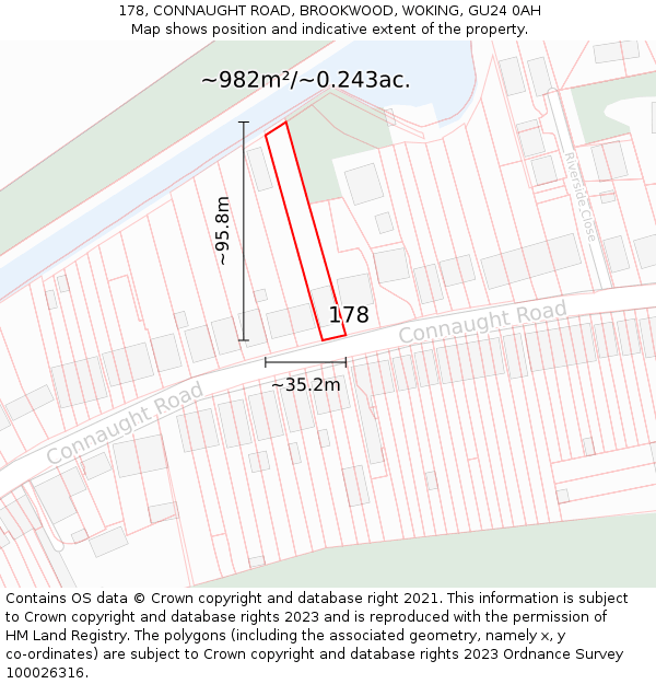 178, CONNAUGHT ROAD, BROOKWOOD, WOKING, GU24 0AH: Plot and title map