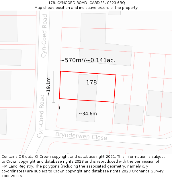 178, CYNCOED ROAD, CARDIFF, CF23 6BQ: Plot and title map