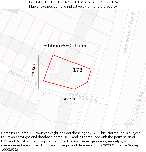 178, EACHELHURST ROAD, SUTTON COLDFIELD, B76 1EW: Plot and title map
