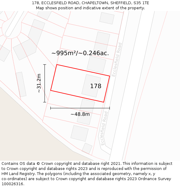 178, ECCLESFIELD ROAD, CHAPELTOWN, SHEFFIELD, S35 1TE: Plot and title map