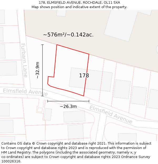 178, ELMSFIELD AVENUE, ROCHDALE, OL11 5XA: Plot and title map