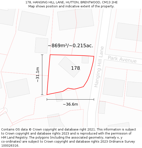 178, HANGING HILL LANE, HUTTON, BRENTWOOD, CM13 2HE: Plot and title map