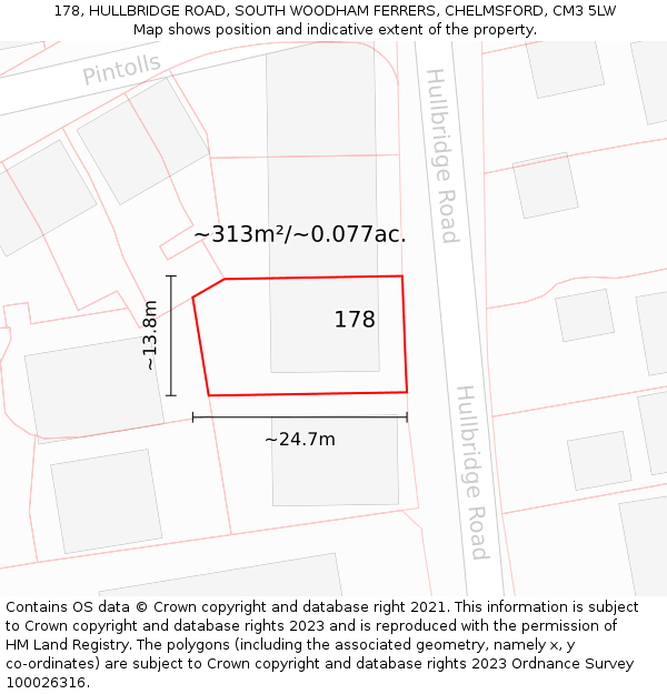 178, HULLBRIDGE ROAD, SOUTH WOODHAM FERRERS, CHELMSFORD, CM3 5LW: Plot and title map