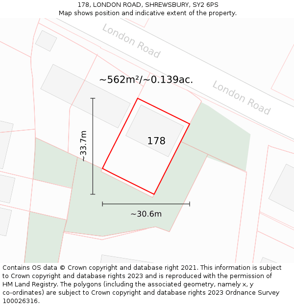 178, LONDON ROAD, SHREWSBURY, SY2 6PS: Plot and title map