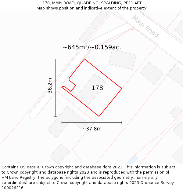 178, MAIN ROAD, QUADRING, SPALDING, PE11 4PT: Plot and title map