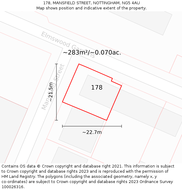 178, MANSFIELD STREET, NOTTINGHAM, NG5 4AU: Plot and title map