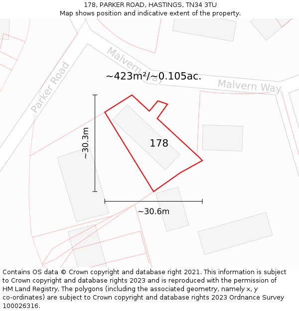 178, PARKER ROAD, HASTINGS, TN34 3TU: Plot and title map