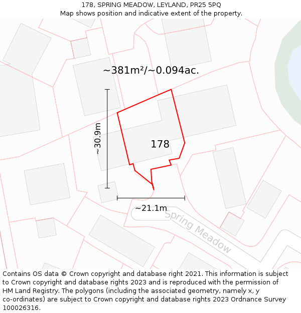 178, SPRING MEADOW, LEYLAND, PR25 5PQ: Plot and title map
