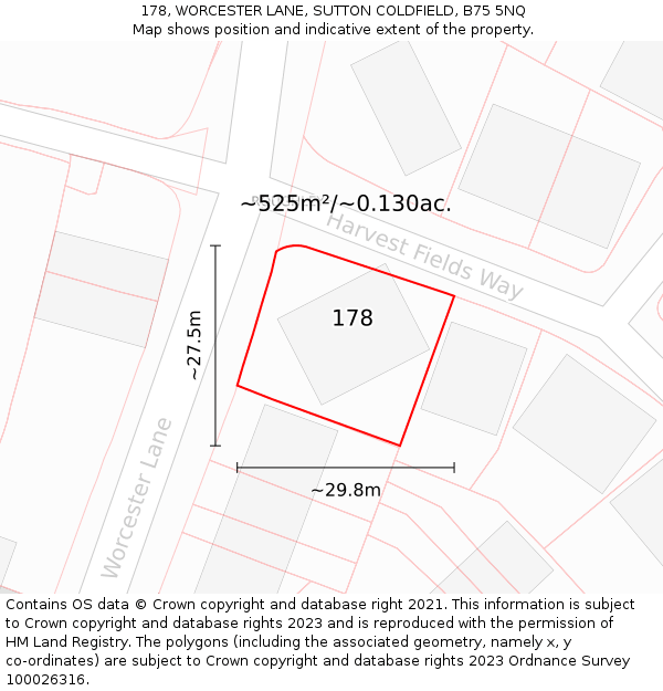 178, WORCESTER LANE, SUTTON COLDFIELD, B75 5NQ: Plot and title map