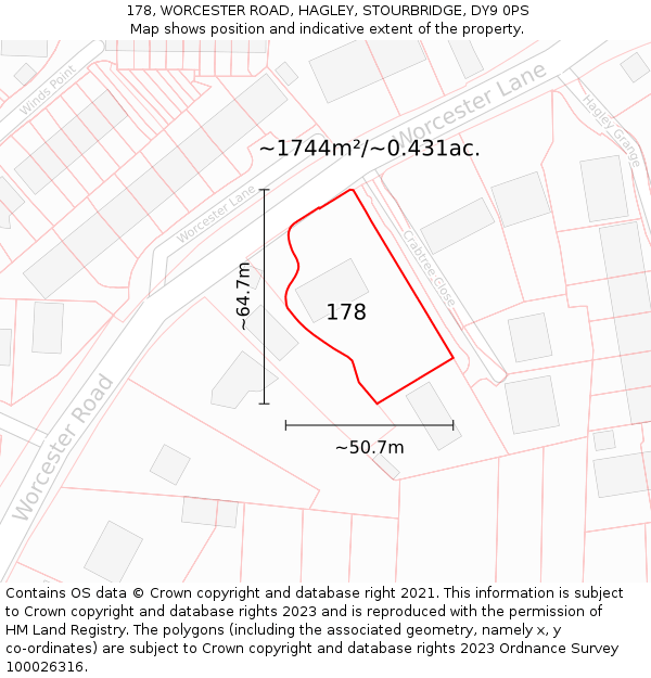 178, WORCESTER ROAD, HAGLEY, STOURBRIDGE, DY9 0PS: Plot and title map
