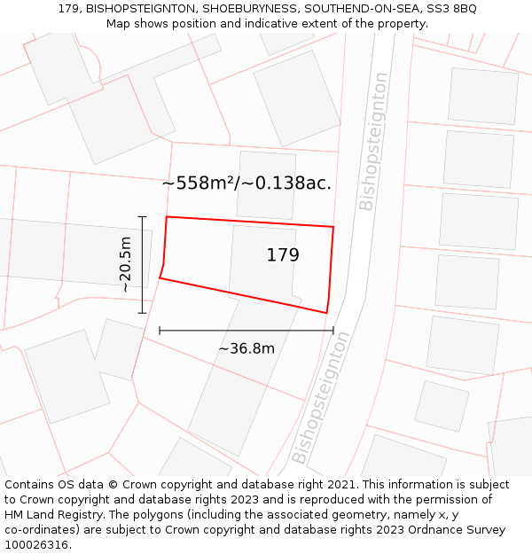 179, BISHOPSTEIGNTON, SHOEBURYNESS, SOUTHEND-ON-SEA, SS3 8BQ: Plot and title map