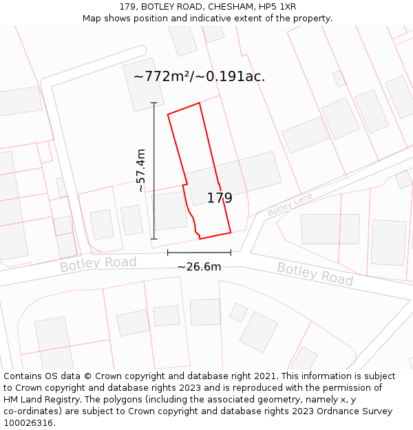 179, BOTLEY ROAD, CHESHAM, HP5 1XR: Plot and title map