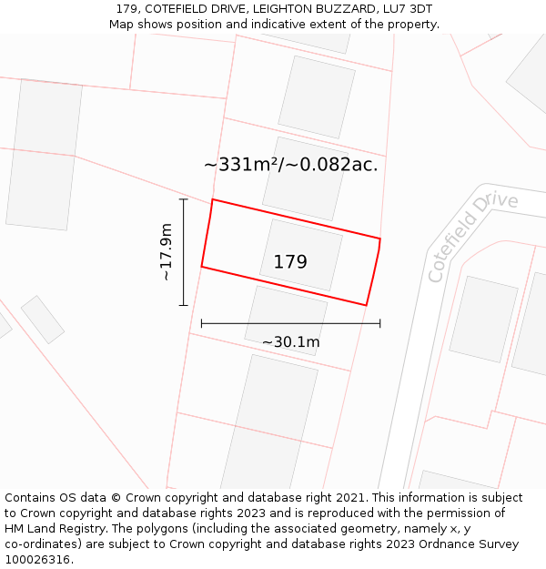 179, COTEFIELD DRIVE, LEIGHTON BUZZARD, LU7 3DT: Plot and title map
