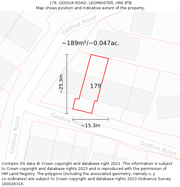 179, GODIVA ROAD, LEOMINSTER, HR6 8TB: Plot and title map
