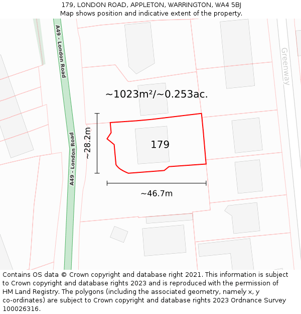 179, LONDON ROAD, APPLETON, WARRINGTON, WA4 5BJ: Plot and title map