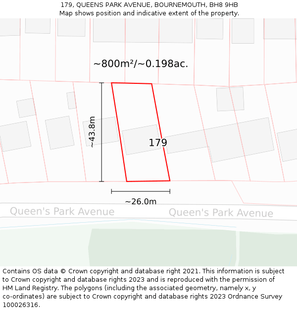 179, QUEENS PARK AVENUE, BOURNEMOUTH, BH8 9HB: Plot and title map