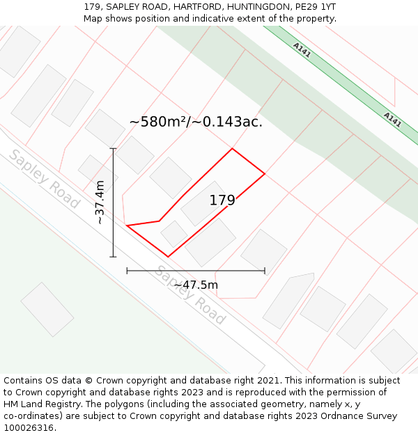 179, SAPLEY ROAD, HARTFORD, HUNTINGDON, PE29 1YT: Plot and title map