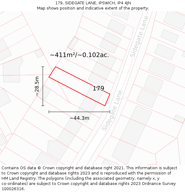 179, SIDEGATE LANE, IPSWICH, IP4 4JN: Plot and title map
