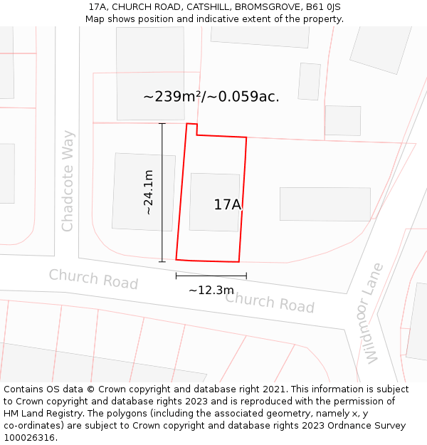 17A, CHURCH ROAD, CATSHILL, BROMSGROVE, B61 0JS: Plot and title map