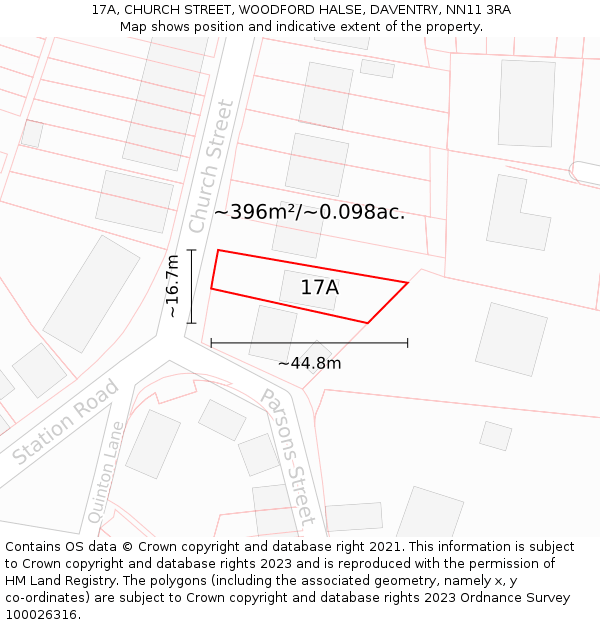 17A, CHURCH STREET, WOODFORD HALSE, DAVENTRY, NN11 3RA: Plot and title map