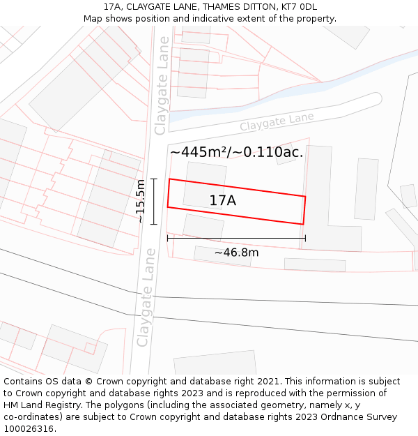 17A, CLAYGATE LANE, THAMES DITTON, KT7 0DL: Plot and title map