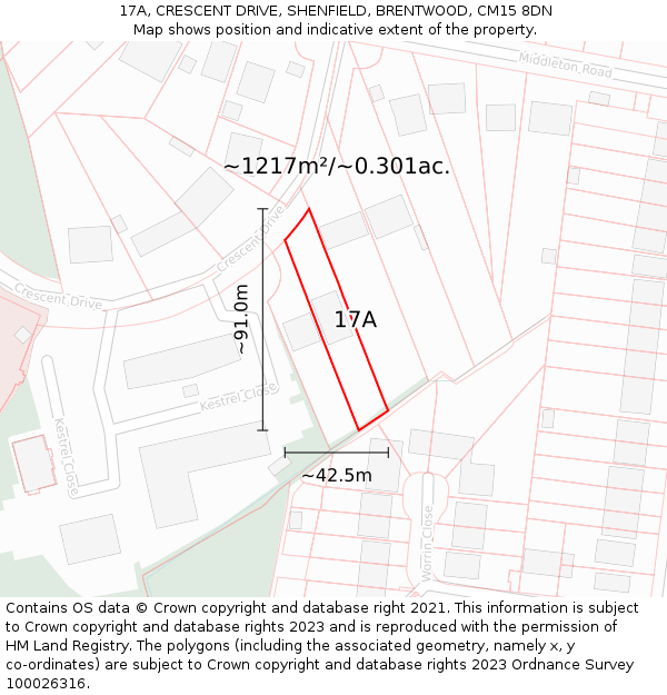 17A, CRESCENT DRIVE, SHENFIELD, BRENTWOOD, CM15 8DN: Plot and title map