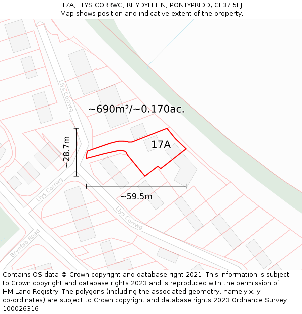 17A, LLYS CORRWG, RHYDYFELIN, PONTYPRIDD, CF37 5EJ: Plot and title map