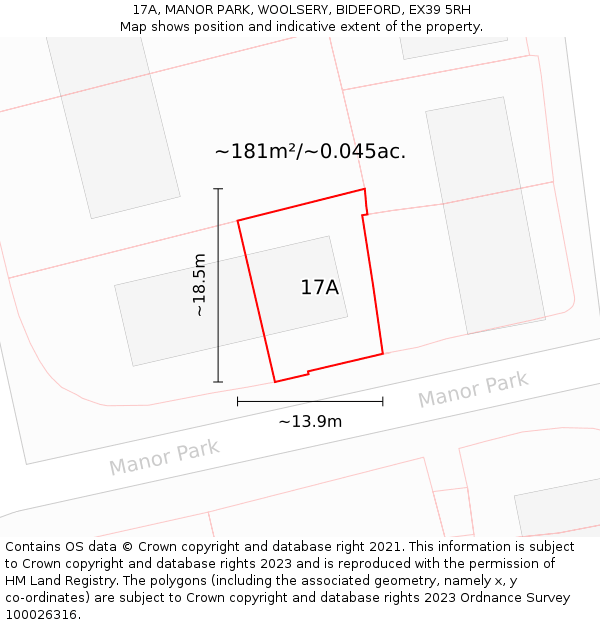 17A, MANOR PARK, WOOLSERY, BIDEFORD, EX39 5RH: Plot and title map