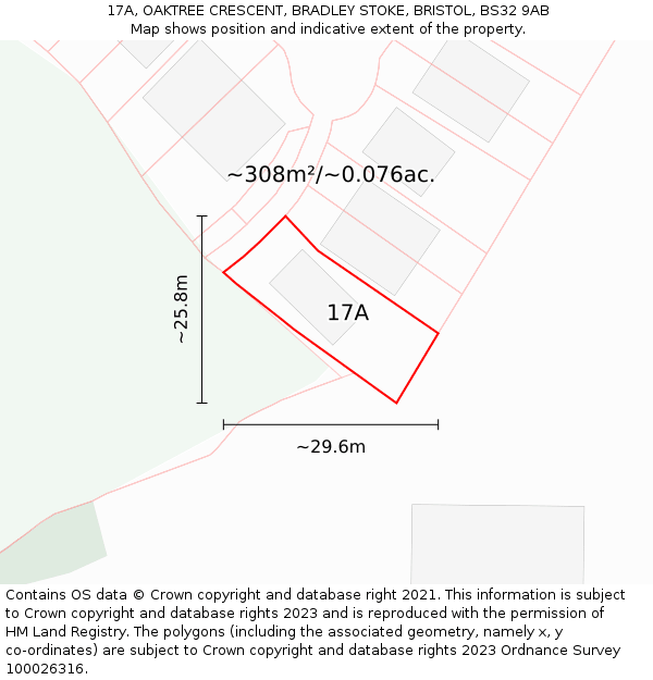 17A, OAKTREE CRESCENT, BRADLEY STOKE, BRISTOL, BS32 9AB: Plot and title map