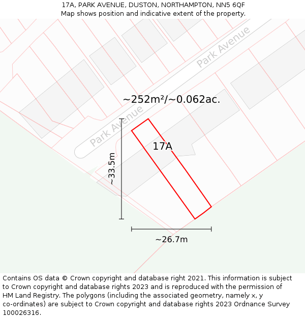 17A, PARK AVENUE, DUSTON, NORTHAMPTON, NN5 6QF: Plot and title map